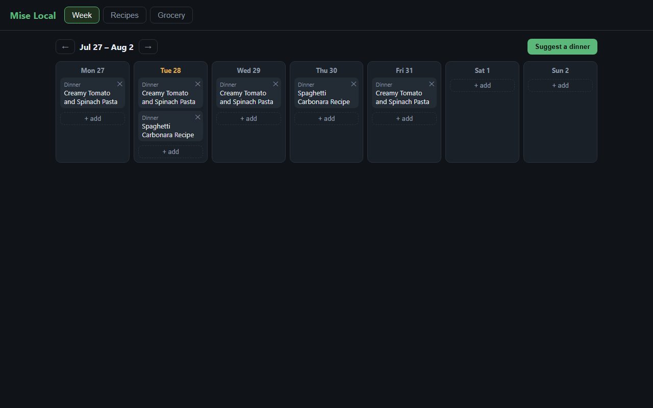 Mise meal planner — weekly meal grid with recipes planned across the week